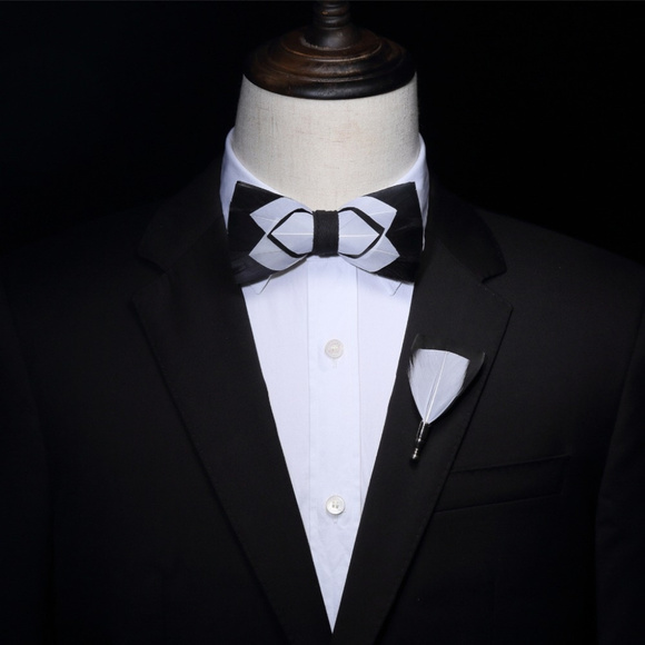 Fancy Hand Made Feather Bowtie and Brooch Pin - Picture 3 of 4